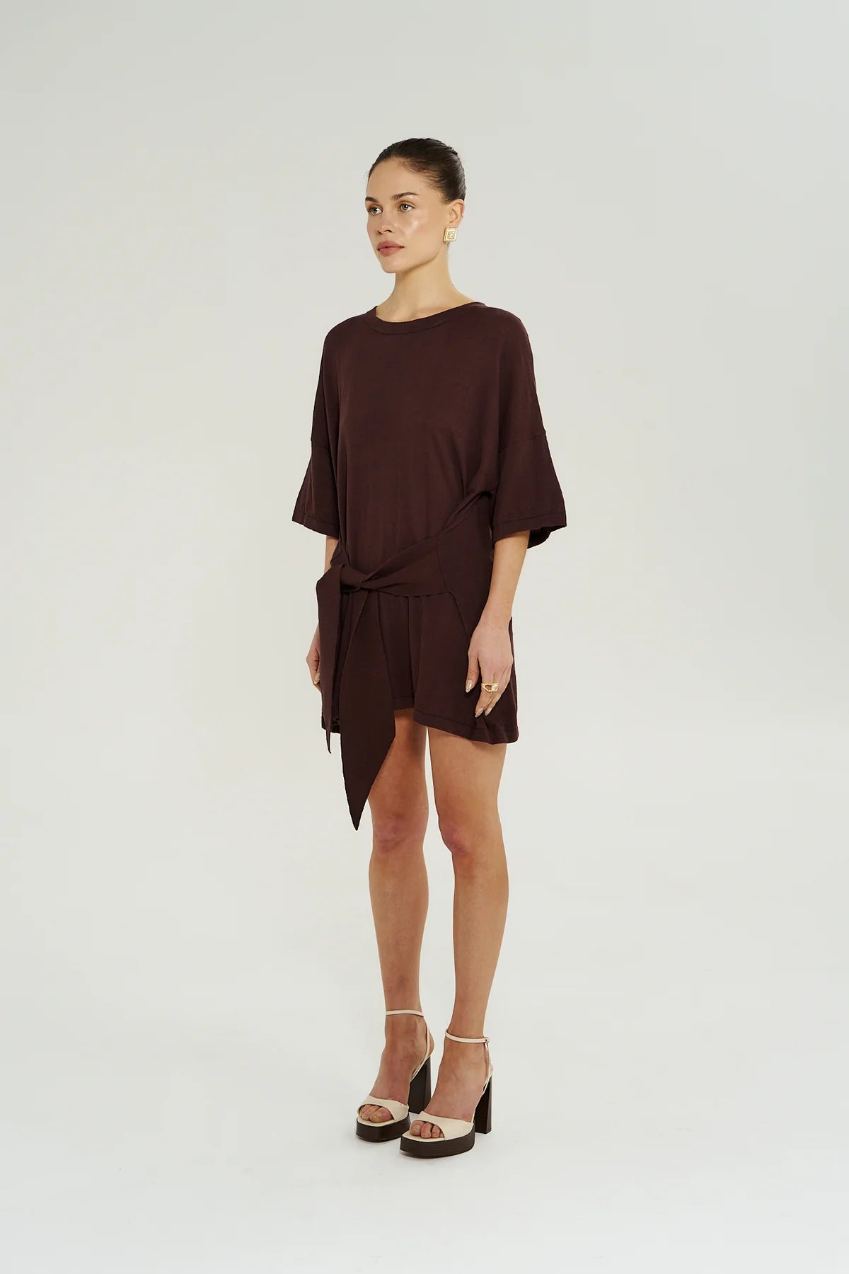KNIT TIE FRONT DRESS - CHOCOLATE