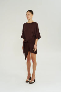 KNIT TIE FRONT DRESS - CHOCOLATE