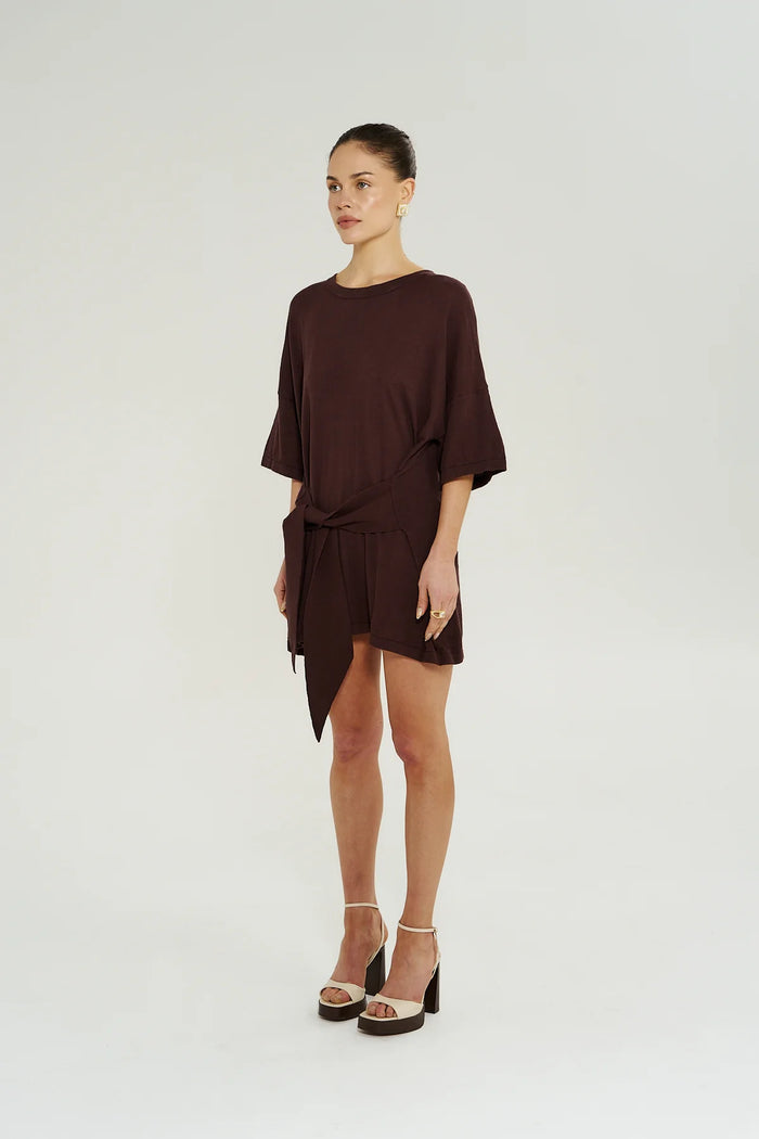 KNIT TIE FRONT DRESS - CHOCOLATE
