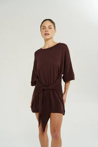KNIT TIE FRONT DRESS - CHOCOLATE