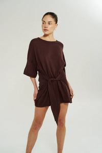 KNIT TIE FRONT DRESS - CHOCOLATE
