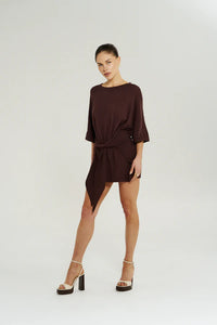 KNIT TIE FRONT DRESS - CHOCOLATE