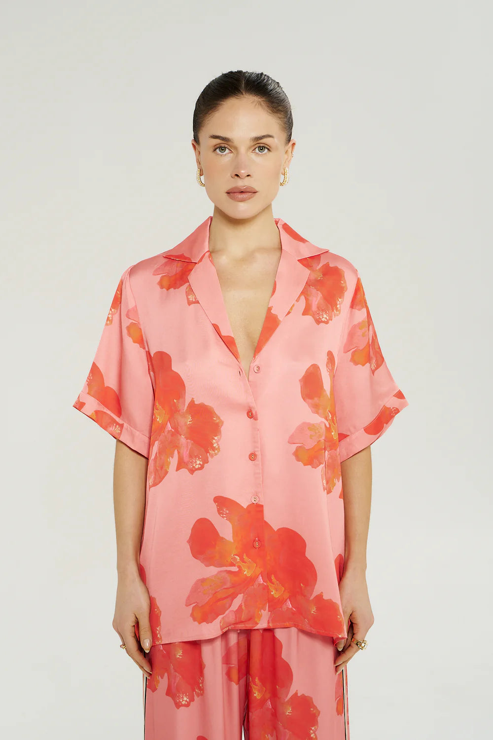 BUTTON UP SS SHIRT - PEACH PETALS