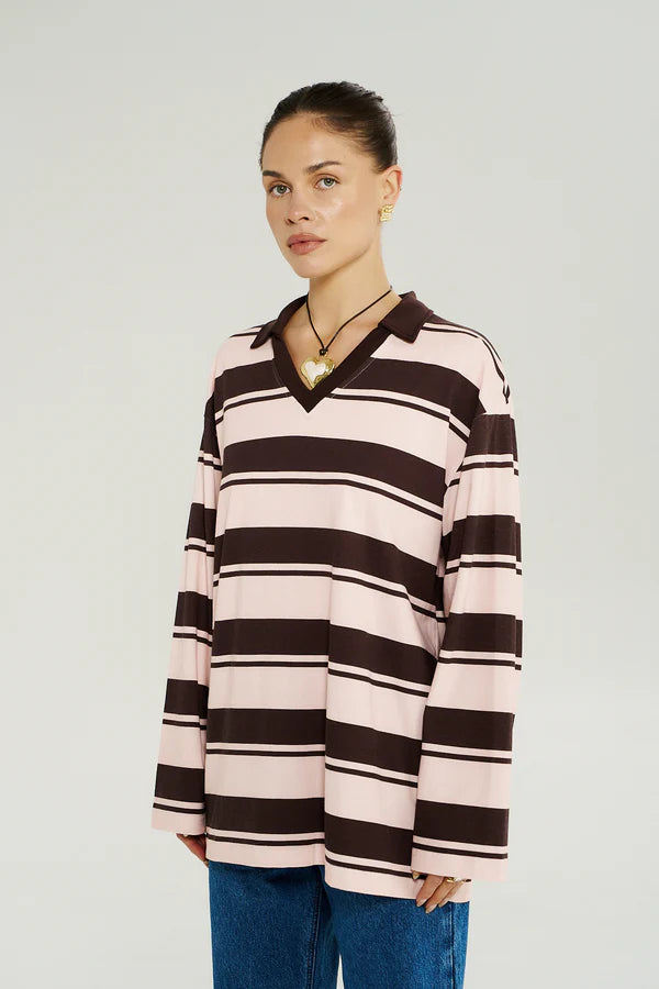 LS POLO TOP - CHOCOLATE ROSE