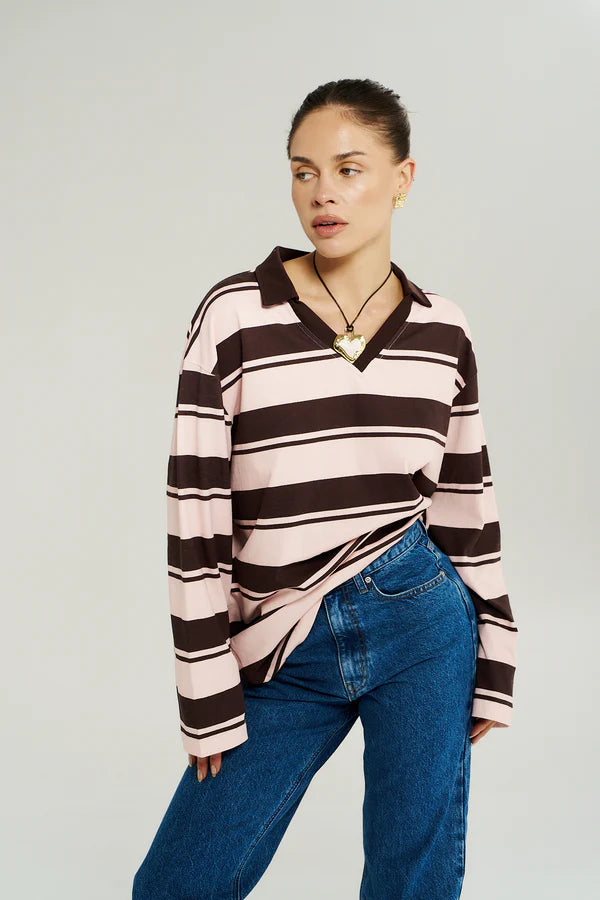LS POLO TOP - CHOCOLATE ROSE