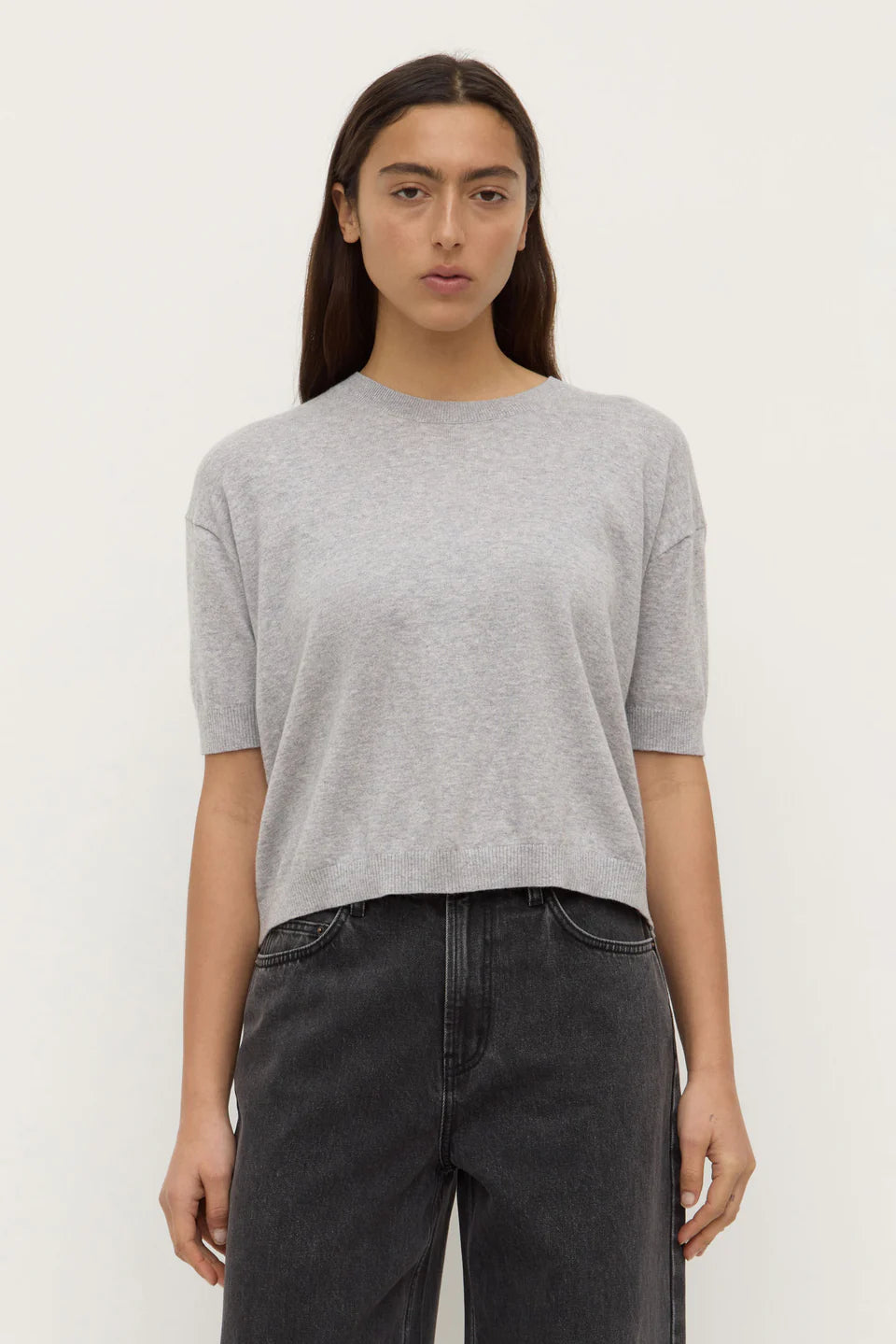 Vanya Cotton Cashmere Boxy Knit Tee - Grey Marle