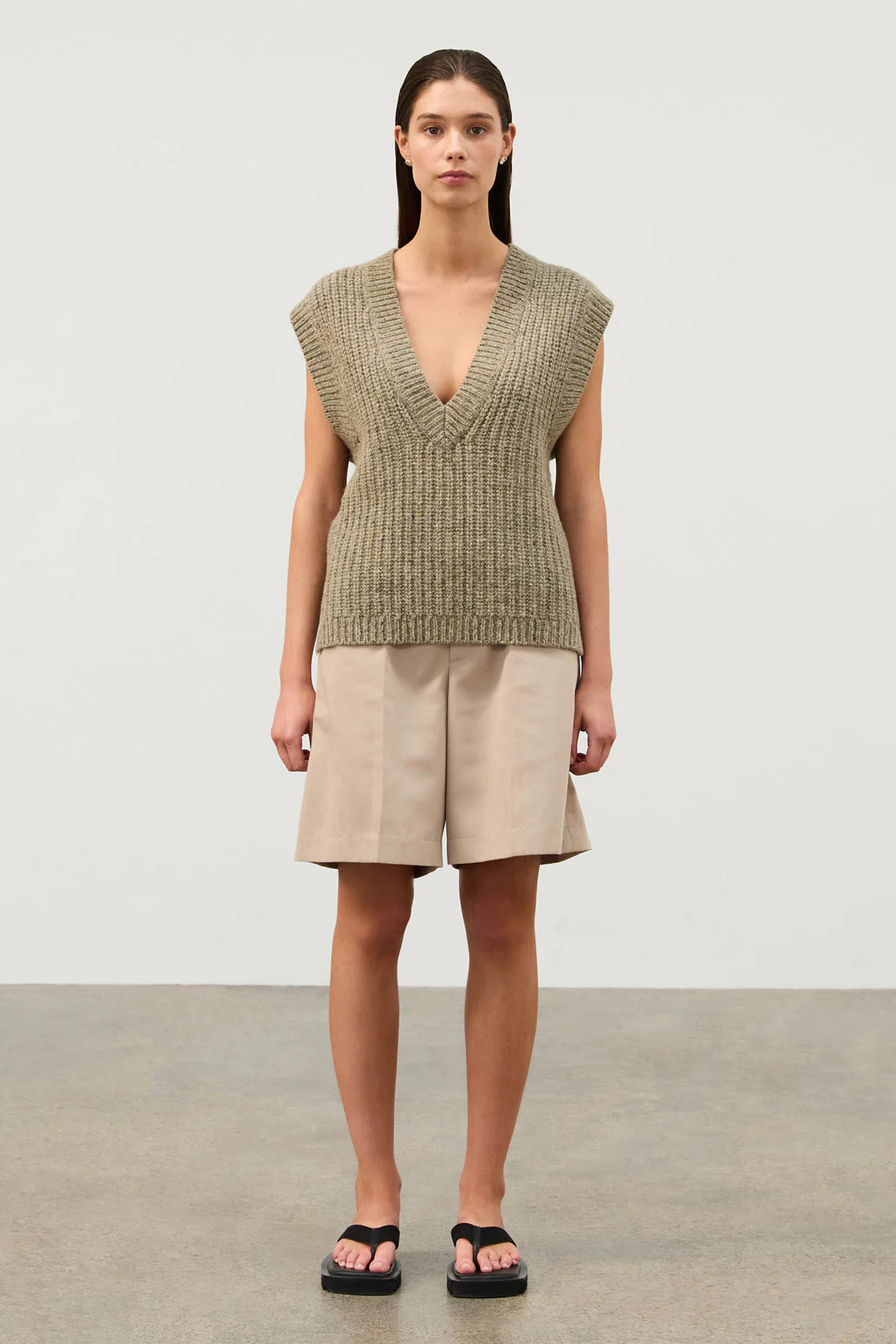 Merino Wool Blend Rib Knit Vest - Olive