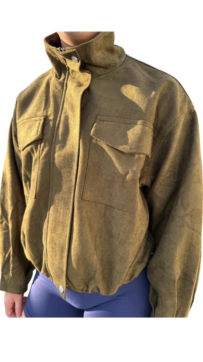Khaki Funnel Neck Faux Suede Jacket