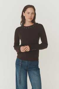 Emaline Stud Merino Knit Top -  Dark Cacao