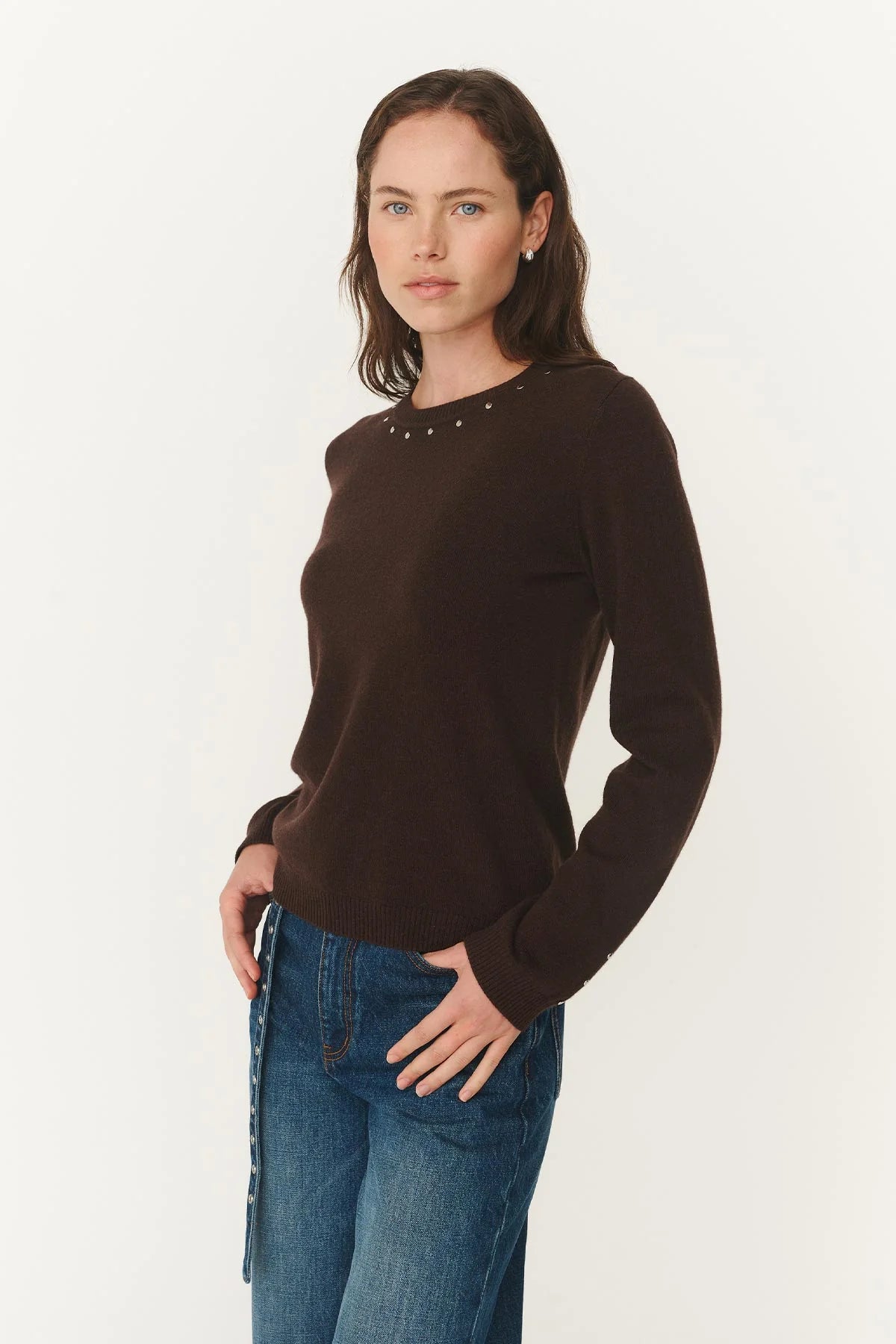 Emaline Stud Merino Knit Top -  Dark Cacao
