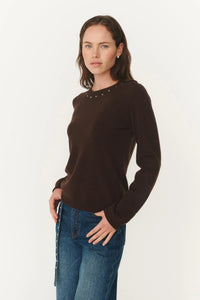 Emaline Stud Merino Knit Top -  Dark Cacao