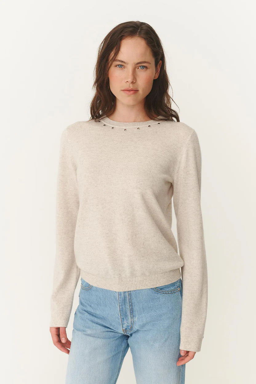 Emaline Stud Merino Knit Top -  Oat