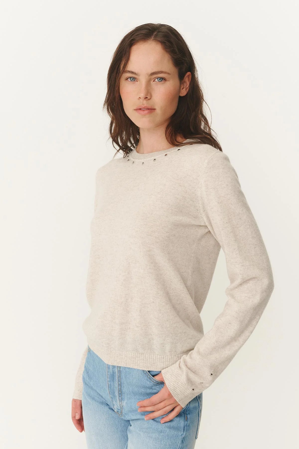 Emaline Stud Merino Knit Top -  Oat