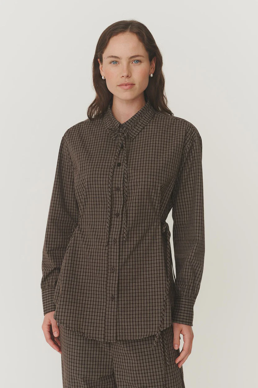 Frankie Tie Long Sleeve Shirt - Cocoa Check