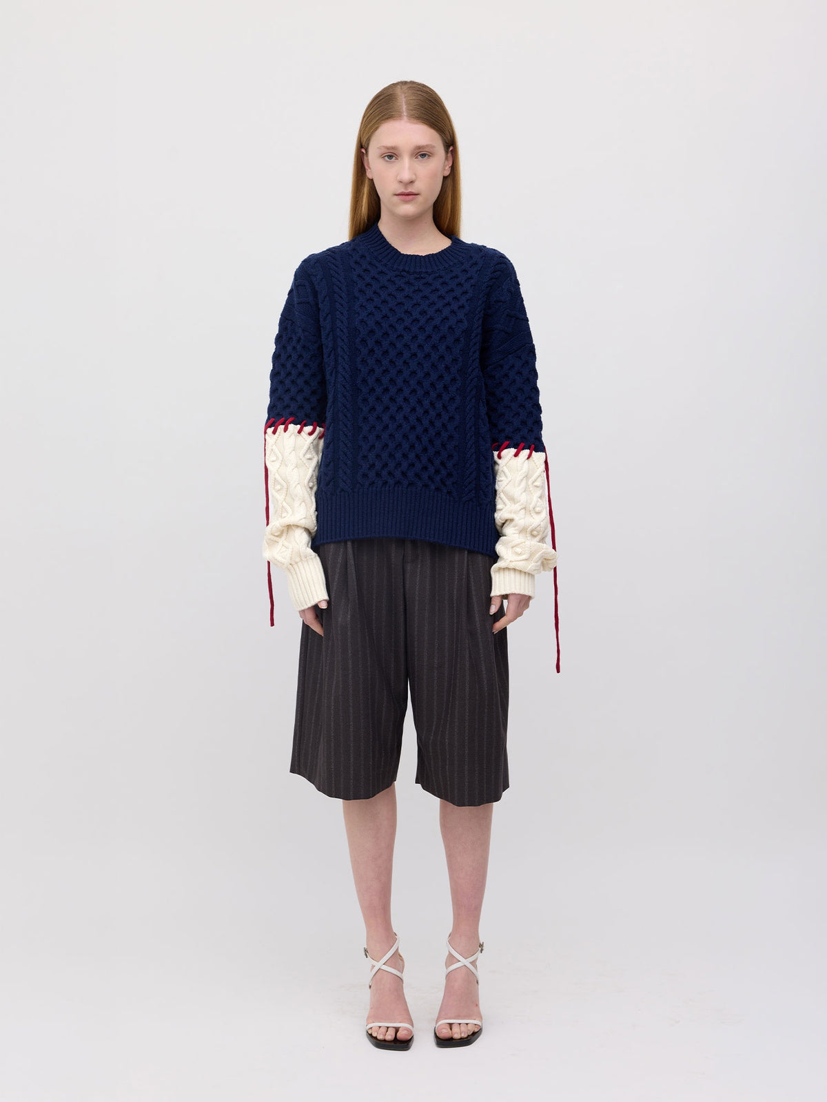 Basket Sleeve Stitch Merino Sweater - Navy/Cream/Dark Red