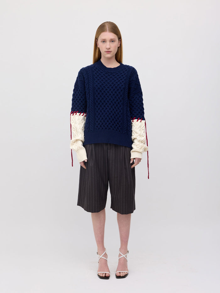 Basket Sleeve Stitch Merino Sweater - Navy/Cream/Dark Red