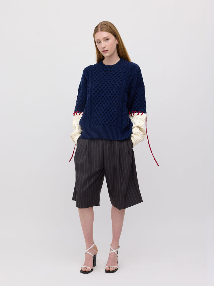 Basket Sleeve Stitch Merino Sweater - Navy/Cream/Dark Red