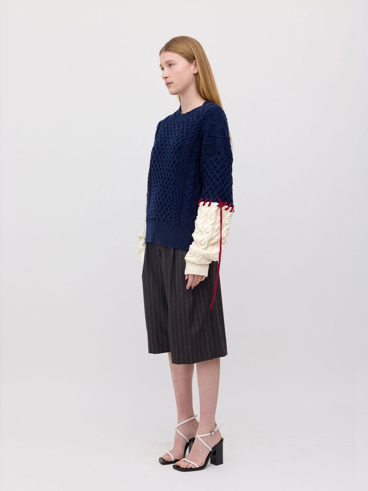 Basket Sleeve Stitch Merino Sweater - Navy/Cream/Dark Red