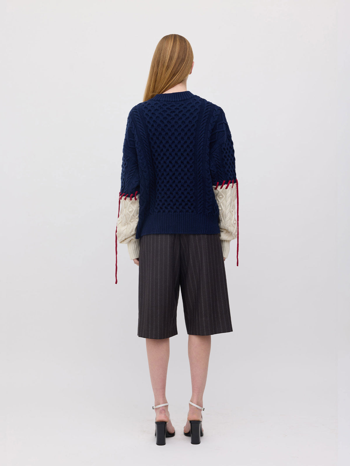Basket Sleeve Stitch Merino Sweater - Navy/Cream/Dark Red
