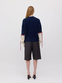 Basket Sleeve Stitch Merino Sweater - Navy/Cream/Dark Red