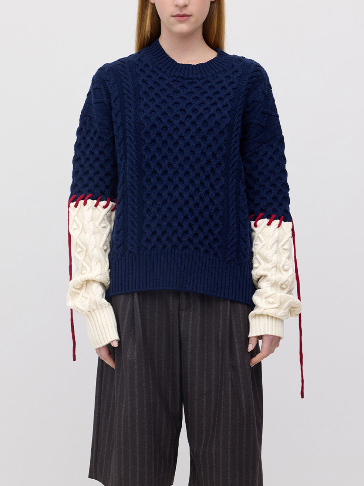 Basket Sleeve Stitch Merino Sweater - Navy/Cream/Dark Red