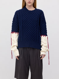 Basket Sleeve Stitch Merino Sweater - Navy/Cream/Dark Red