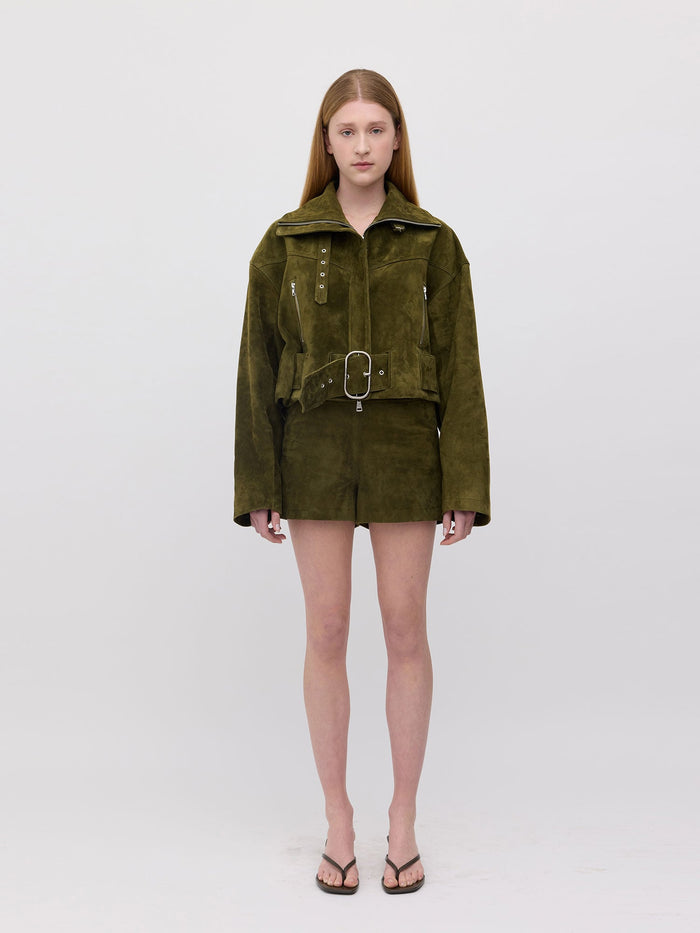 Bonnie Suede Bomber Jacket - Dark Sage