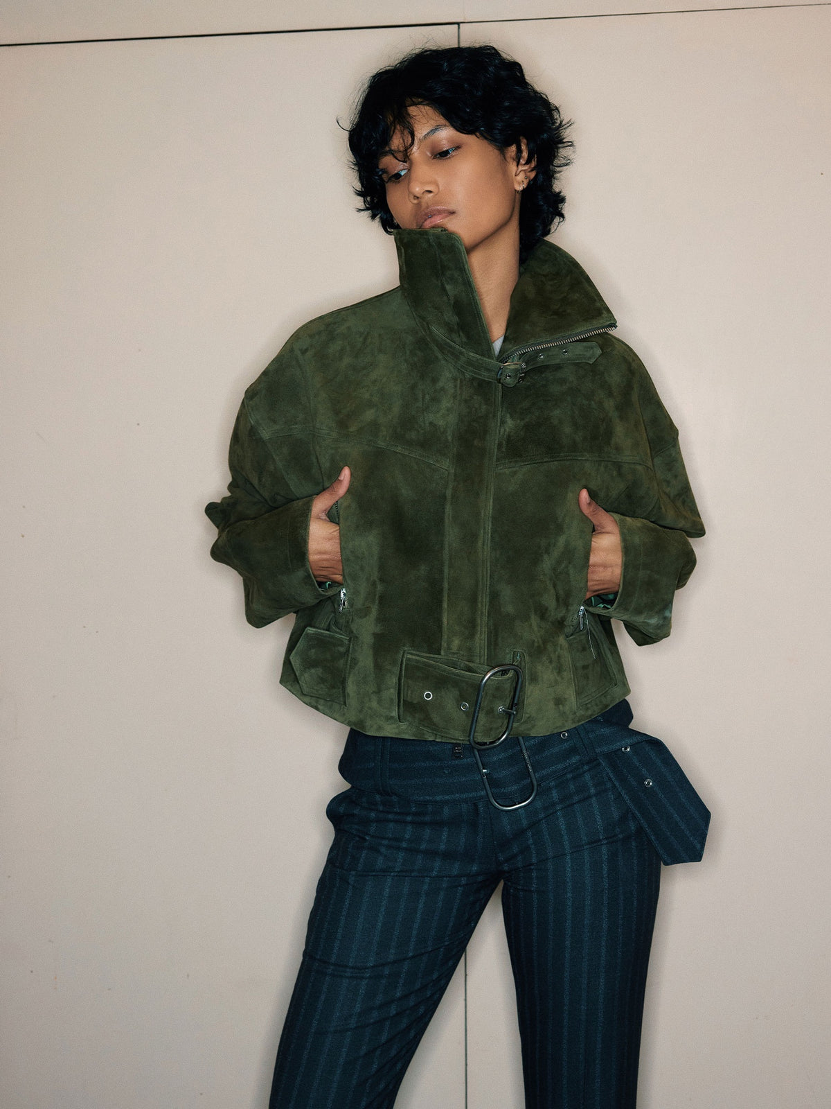 Bonnie Suede Bomber Jacket - Dark Sage